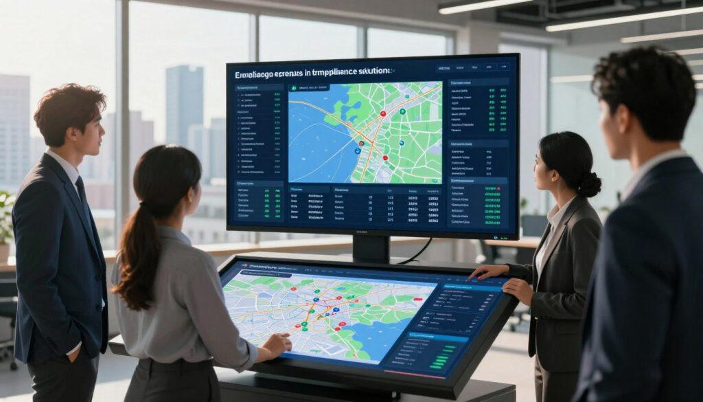 A sleek office environment showcasing geolocation technology in compliance solutions for sports betting. In the foreground, a diverse group of three professionals in business attire engage with a high-tech touchscreen panel displaying interactive maps and data analytics. The middle ground features a large screen filled with compliance dashboards and real-time geolocation data visualizations. In the background, large windows reveal a city skyline, bathed in natural sunlight, adding warmth to the scene. The lighting is bright and focused on the panel, creating a dynamic atmosphere of collaboration and innovation. The view emphasizes the modernity and importance of technology in facilitating compliance solutions, inviting viewers into a world where advanced technology meets regulatory diligence.