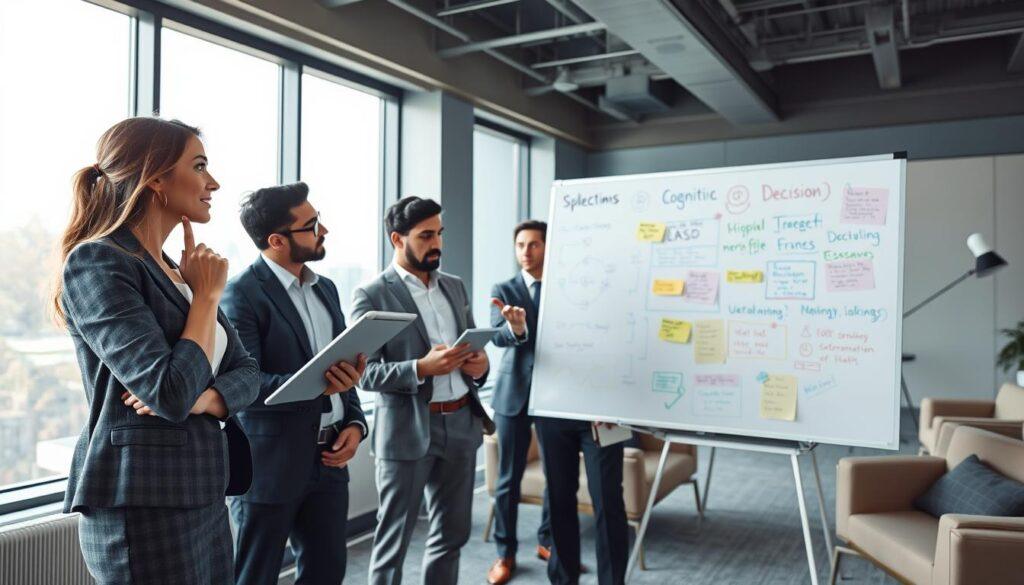 A surreal office setting where a diverse group of professionals in business attire are engaged in a dynamic brainstorming session. In the foreground, a thoughtful woman points at a large whiteboard filled with colorful diagrams and notes, illustrating different cognitive biases. In the middle, a man is examining a digital tablet, appearing contemplative, while another colleague gestures with an expressive hand, showcasing the intensity of decision-making. The background features a large window with soft, natural light streaming in, creating an optimistic atmosphere. The room is equipped with modern furniture, emphasizing clarity and focus. The overall mood is one of collaboration and insight, capturing the essence of identifying cognitive biases in decision-making.