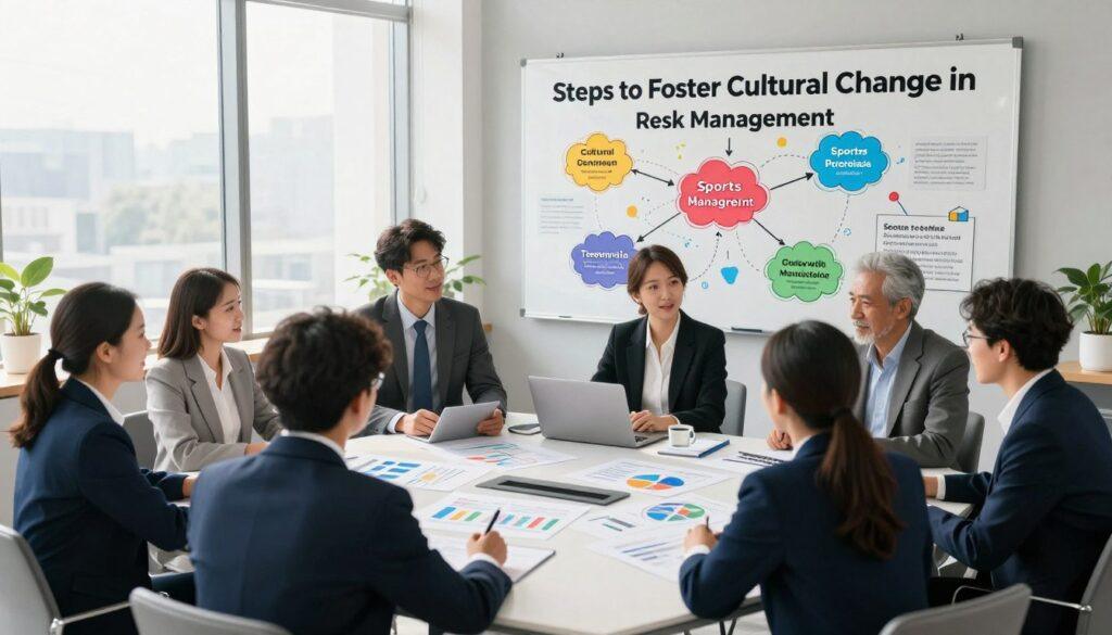 A visually engaging and informative depiction of the "Steps to Foster Cultural Change in Risk Management," focusing on sports betting operations. In the foreground, a diverse group of professionals, dressed in smart business attire, are collaborating around a large, modern conference table, with charts and diagrams related to risk management visibly displayed. The middle layer features a whiteboard filled with colorful mind maps illustrating key concepts of cultural change, emphasizing teamwork and communication. In the background, an expansive window allows natural sunlight to flood the room, creating a bright and optimistic atmosphere. The image should be captured with a wide-angle lens, enhancing the sense of collaboration, and the mood should convey a sense of professionalism, innovation, and proactive engagement in the realm of risk management. A visually engaging and informative depiction of the "Steps to Foster Cultural Change in Risk Management," focusing on sports betting operations. In the foreground, a diverse group of professionals, dressed in smart business attire, are collaborating around a large, modern conference table, with charts and diagrams related to risk management visibly displayed. The middle layer features a whiteboard filled with colorful mind maps illustrating key concepts of cultural change, emphasizing teamwork and communication. In the background, an expansive window allows natural sunlight to flood the room, creating a bright and optimistic atmosphere. The image should be captured with a wide-angle lens, enhancing the sense of collaboration, and the mood should convey a sense of professionalism, innovation, and proactive engagement in the realm of risk management.