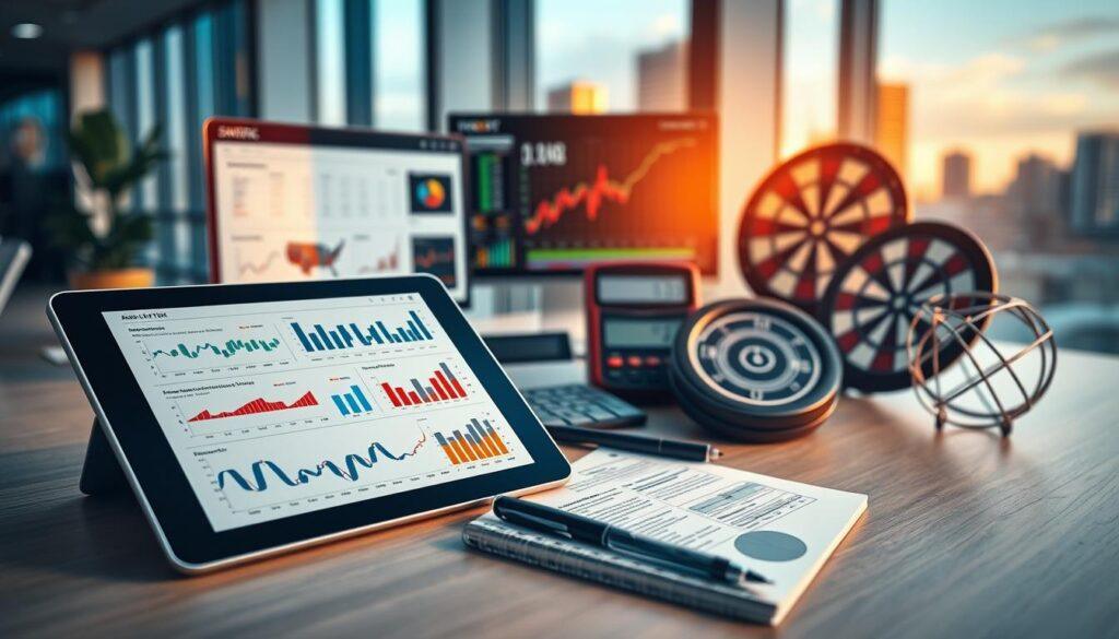A visually striking composition showcasing an array of tools for risk management in sports betting. In the foreground, display a sleek digital tablet displaying sophisticated analytical charts and graphs alongside a notepad filled with detailed notes. In the middle ground, feature a collection of modern tools such as a sports analytics software dashboard on a computer screen, a calculator, and a dartboard symbolizing decision-making. In the background, illustrate a modern office setting with a large window revealing a cityscape bathed in warm afternoon light, creating an atmosphere of focus and professionalism. Use a shallow depth of field to emphasize the tools while gently blurring the background, evoking a sense of clarity and purpose in risk mitigation strategies. A visually striking composition showcasing an array of tools for risk management in sports betting. In the foreground, display a sleek digital tablet displaying sophisticated analytical charts and graphs alongside a notepad filled with detailed notes. In the middle ground, feature a collection of modern tools such as a sports analytics software dashboard on a computer screen, a calculator, and a dartboard symbolizing decision-making. In the background, illustrate a modern office setting with a large window revealing a cityscape bathed in warm afternoon light, creating an atmosphere of focus and professionalism. Use a shallow depth of field to emphasize the tools while gently blurring the background, evoking a sense of clarity and purpose in risk mitigation strategies.
