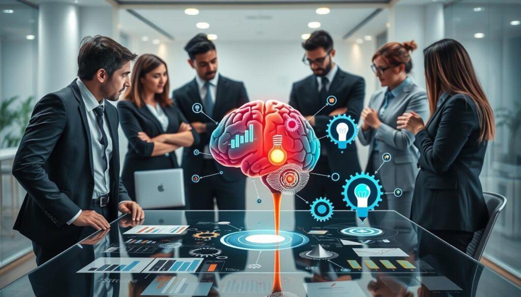 A visually striking representation of psychological factors influencing risk and decision making. Foreground features a diverse group of professionals in business attire engaged in thoughtful discussion around a transparent table, displaying a mix of charts and risk assessment visuals. In the middle ground, a colorful brain illustration symbolizes cognitive processes, with interconnected gears and lightbulbs representing strategy and insight. The background shows a modern office environment with soft, diffused lighting creating a calm atmosphere, accentuating focus and collaboration. Use a slightly elevated angle, capturing both the dynamic dialogue and the symbolic elements simultaneously. The mood embodies professionalism, intellect, and proactive engagement in mitigating psychological risks.