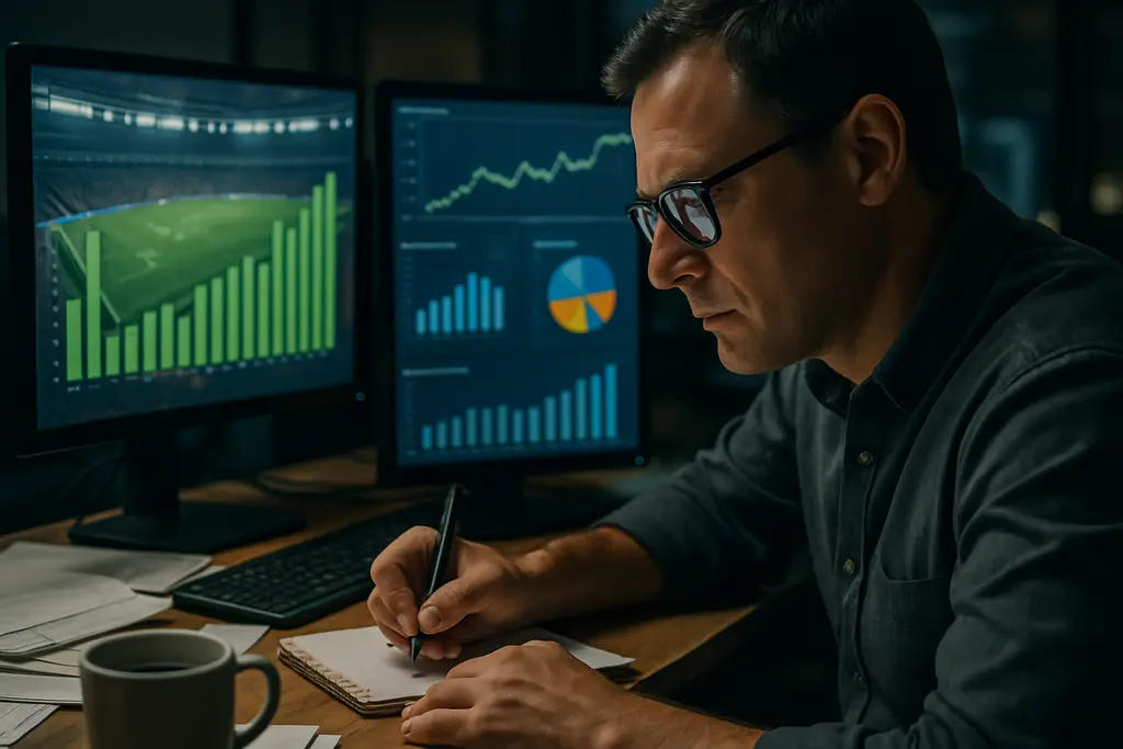 Analyst reviewing sportsbook revenue variance charts across U.S. states