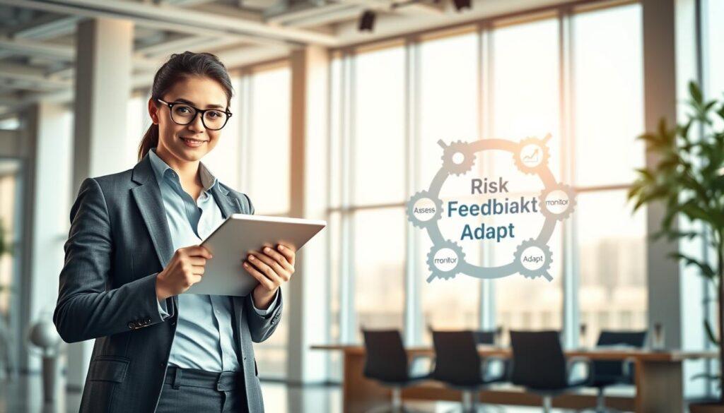 A conceptual illustration representing feedback loops in risk management. In the foreground, a professional in business attire stands confidently, holding a tablet displaying real-time data graphs. In the middle ground, a circular diagram showcasing various stages of the feedback loop, such as "Assess," "Monitor," and "Adapt," emphasizes the continuous improvement process. The background features a modern office setting with large windows, allowing natural light to flood the space, creating a bright and optimistic atmosphere. The angle is slightly above eye level, giving a dynamic view of the feedback loop visually interlinked with gears symbolizing collaboration and systems thinking. The overall mood is one of progress and innovation, inspiring a culture of continuous improvement. A conceptual illustration representing feedback loops in risk management. In the foreground, a professional in business attire stands confidently, holding a tablet displaying real-time data graphs. In the middle ground, a circular diagram showcasing various stages of the feedback loop, such as "Assess," "Monitor," and "Adapt," emphasizes the continuous improvement process. The background features a modern office setting with large windows, allowing natural light to flood the space, creating a bright and optimistic atmosphere. The angle is slightly above eye level, giving a dynamic view of the feedback loop visually interlinked with gears symbolizing collaboration and systems thinking. The overall mood is one of progress and innovation, inspiring a culture of continuous improvement.