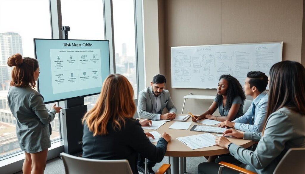 A diverse group of professionals engaged in a dynamic training session focused on risk culture, set in a modern conference room. In the foreground, a middle-aged woman presents a risk management strategy on a large screen, wearing smart business attire. In the middle, several attendees of various ethnicities and genders collaborate at a circular table, reviewing documents and discussing strategies, embodying an atmosphere of teamwork and open communication. The background features a large window with natural light streaming in, highlighting a cityscape view, while a whiteboard filled with diagrams and notes emphasizes the educational aspect of the session. The overall mood is one of positivity, collaboration, and active learning, emphasizing the importance of building a strong risk culture within organizations. A diverse group of professionals engaged in a dynamic training session focused on risk culture, set in a modern conference room. In the foreground, a middle-aged woman presents a risk management strategy on a large screen, wearing smart business attire. In the middle, several attendees of various ethnicities and genders collaborate at a circular table, reviewing documents and discussing strategies, embodying an atmosphere of teamwork and open communication. The background features a large window with natural light streaming in, highlighting a cityscape view, while a whiteboard filled with diagrams and notes emphasizes the educational aspect of the session. The overall mood is one of positivity, collaboration, and active learning, emphasizing the importance of building a strong risk culture within organizations.