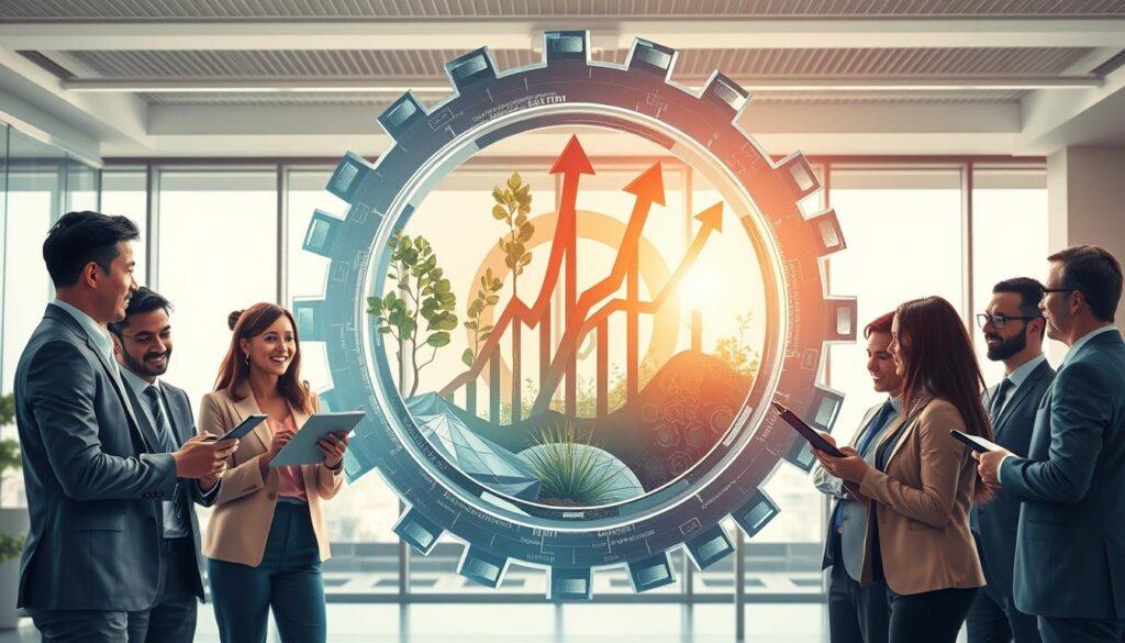 A dynamic, visually-striking illustration depicting the concept of "growth mindset in risk strategy evolution." In the foreground, a diverse group of professionals in business attire are engaged in a collaborative discussion, using digital tablets and charts, expressing enthusiasm and innovation. The middle ground features a large, translucent gear mechanism intertwined with images of growth, such as saplings and upward arrows, symbolizing strategic evolution. In the background, a bright and modern office setting with large windows allowing natural light to flood in, creating an open and optimistic atmosphere. The overall mood is one of positivity and energy, highlighting the importance of adaptation and continuous improvement in risk management strategies. The image should be meticulously detailed and well-lit, showcasing a sense of progression and teamwork. A dynamic, visually-striking illustration depicting the concept of "growth mindset in risk strategy evolution." In the foreground, a diverse group of professionals in business attire are engaged in a collaborative discussion, using digital tablets and charts, expressing enthusiasm and innovation. The middle ground features a large, translucent gear mechanism intertwined with images of growth, such as saplings and upward arrows, symbolizing strategic evolution. In the background, a bright and modern office setting with large windows allowing natural light to flood in, creating an open and optimistic atmosphere. The overall mood is one of positivity and energy, highlighting the importance of adaptation and continuous improvement in risk management strategies. The image should be meticulously detailed and well-lit, showcasing a sense of progression and teamwork.