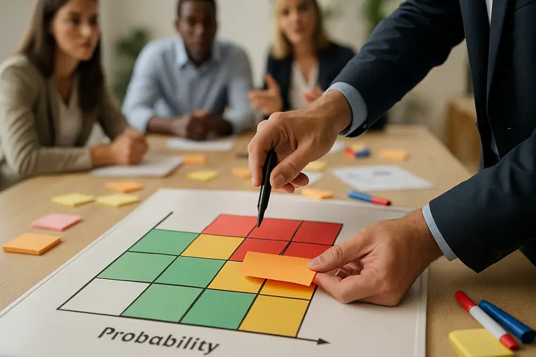 Analyst comparing legal, financial, and customer risk categories on a tablet