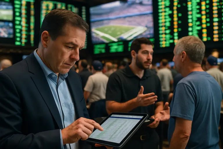 Risk analyst checking wagering exposure reports beside football schedule notes