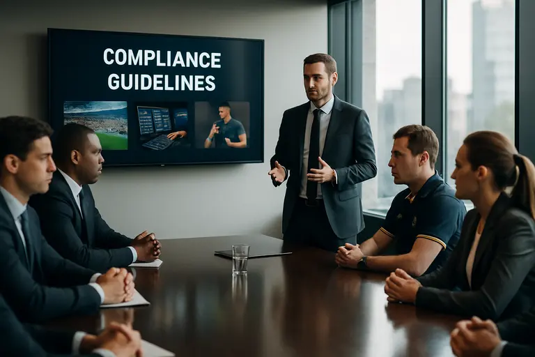 Compliance team reviewing state sportsbook rules in a meeting room