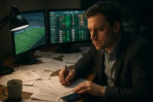 Analysts reviewing live betting risk dashboards during an in-play trading session