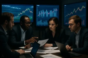 Operator pricing models shown on analytics screens in a sportsbook risk meeting