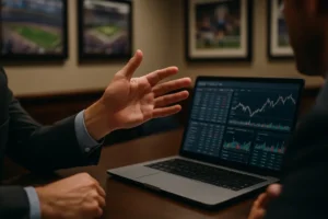 prediction market compliance review with sports betting risk documents on a conference table