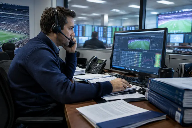 Risk team documenting sportsbook controls beside market monitoring screens
