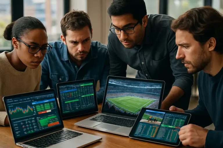 Risk team reviewing sportsbook margin data in a compliance meeting