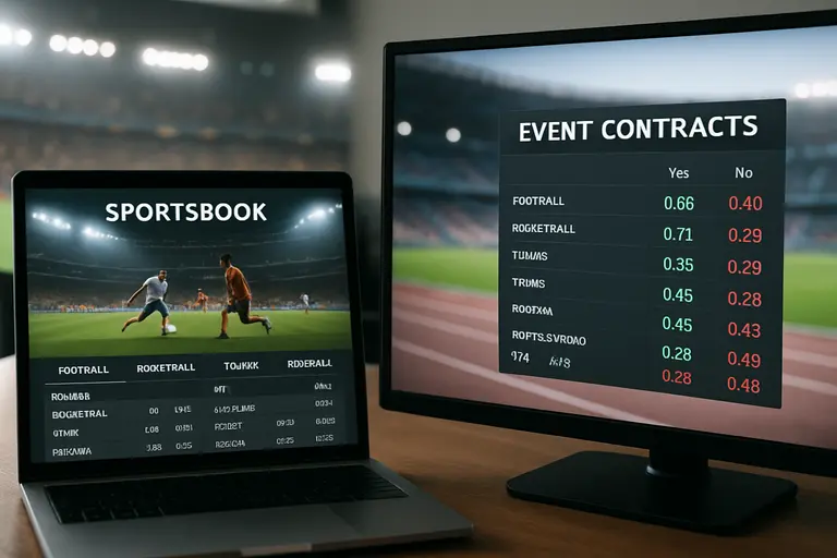 Side-by-side screens showing sportsbook markets and event contract pricing