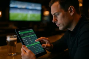Sportsbook AI Scrutiny review with analysts examining risk dashboards in a compliance office