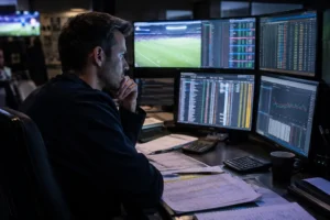 Sportsbook margins shown through trading screens and risk charts in a betting office