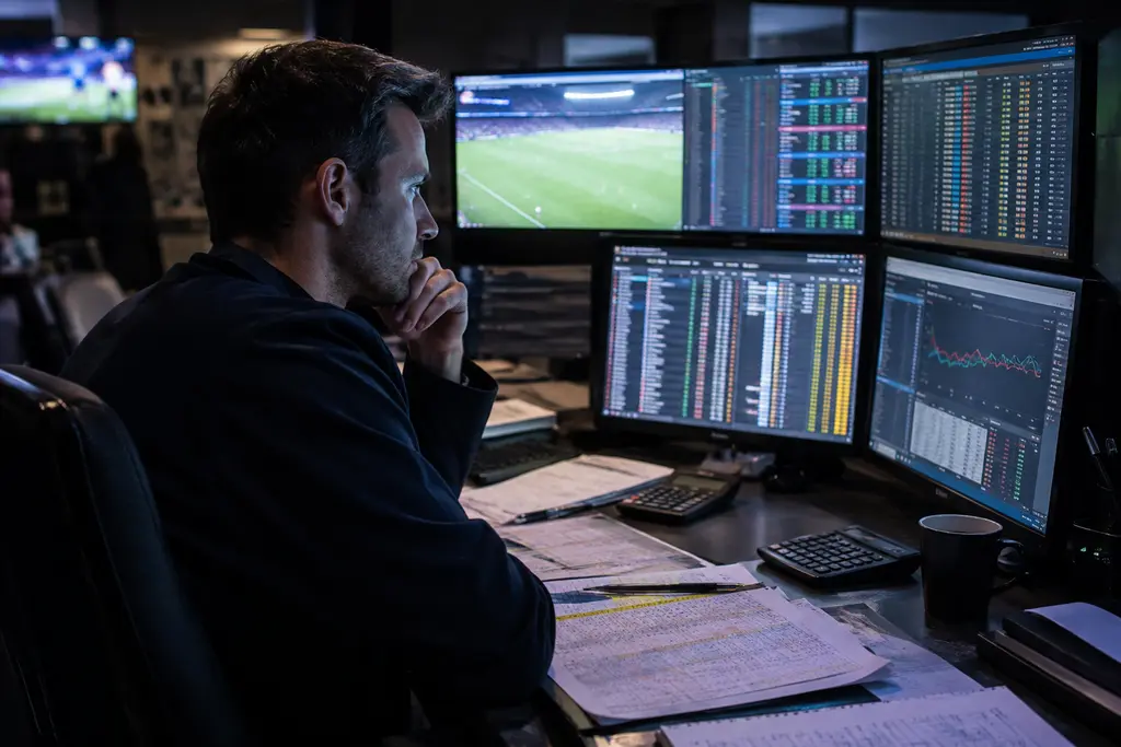Sportsbook margins shown through trading screens and risk charts in a betting office